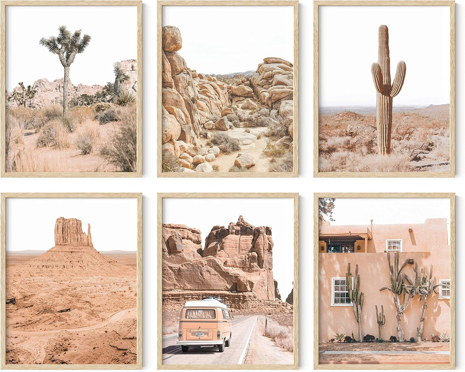 Desert Succulent Wall Art – Set of 6 Botanical Cactus Prints, Cactus and Nature Art Decor, Kitchen Wall Prints (Beige Frame, 11X14)